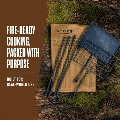 Swivel Grill Set For Campfire Cooking In The Great Outdoors with steel grate and components on forest floor