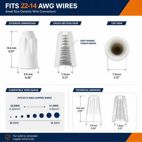 Heavy Duty Ceramic Wire Nuts Set Insanely Tough Porcelain Twist On Connectors dimensions for 22-14 AWG wire compatibility.