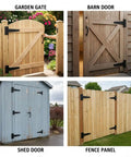 Six Pack Of Four Inch Heavy Duty T Hinges Galvanized Outdoor Gate And Barn Door Hardware used on garden gate, barn door, shed door, and fence panel.