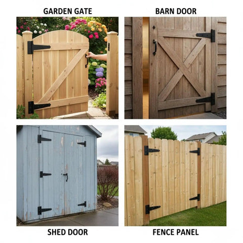 Six Pack Of Four Inch Heavy Duty T Hinges Galvanized Outdoor Gate And Barn Door Hardware used on garden gate, barn door, shed door, and fence panel.