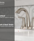 Close-up of Dope Brushed Nickel 4 Inch Centerset Bathroom Faucet With Two Handles And Three Hole Vanity Sink Faucet Featuring Push And Seal Drain TiteSeal Technology WaterSense Certified on a marble countertop highlighting TiteSeal and Push & Seal Drain features