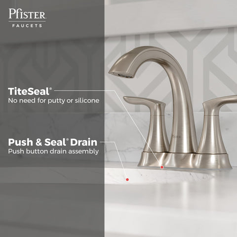Close-up of Dope Brushed Nickel 4 Inch Centerset Bathroom Faucet With Two Handles And Three Hole Vanity Sink Faucet Featuring Push And Seal Drain TiteSeal Technology WaterSense Certified on a marble countertop highlighting TiteSeal and Push & Seal Drain features