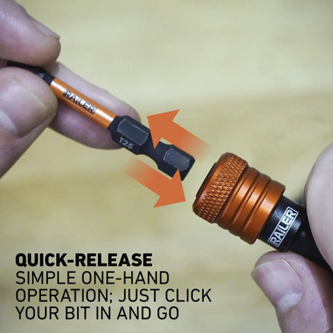 Close-up of a quick-release feature on a Five Pack One Quarter Inch Hex Shank Bit Holder Keychain Set, Aluminum Alloy Quick Release Bit Holders With Carabiner.