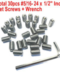 Durable 304 Stainless Steel Set Screws 30 Piece Pack Five Sixteenth Thread Twenty Four Per Inch Hex Socket Grub Screws With Allen Wrench For Machinery And Heavy Duty Hardware ZDingTech, showing 30 set screws and hex wrench