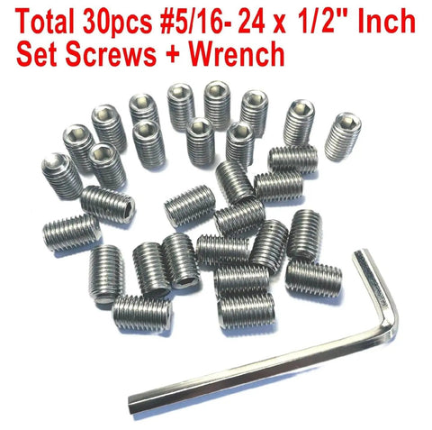 Durable 304 Stainless Steel Set Screws 30 Piece Pack Five Sixteenth Thread Twenty Four Per Inch Hex Socket Grub Screws With Allen Wrench For Machinery And Heavy Duty Hardware ZDingTech, showing 30 set screws and hex wrench