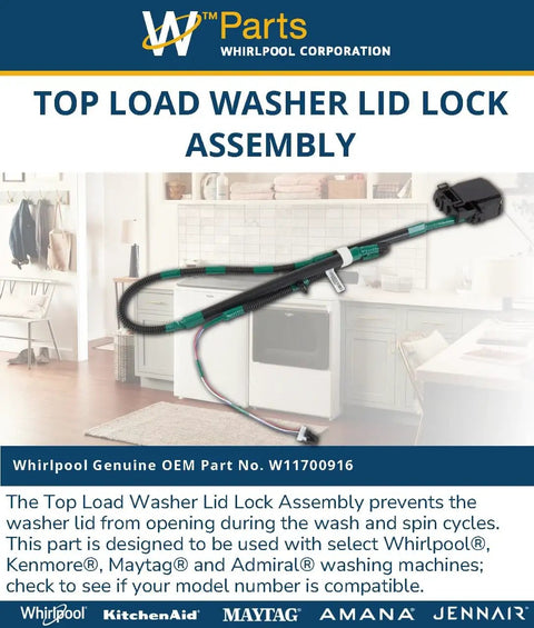 W11700916 Genuine OEM Washer Door Lock Replacement Part on countertop, wire connectors visible