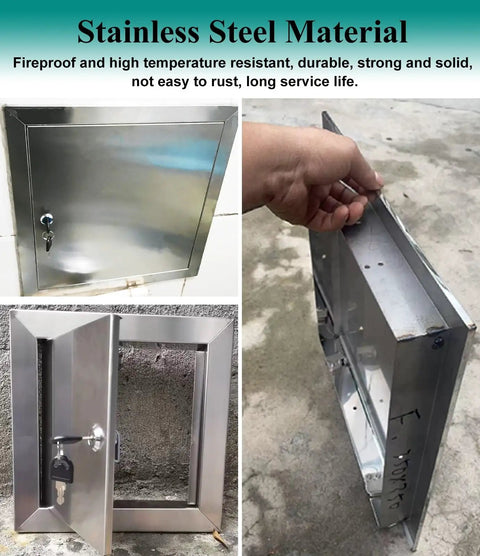 Heavy Duty Waterproof Steel Access Door With Secure Lock And Keys For Walls And Ceilings Slick Attic Entry Panel installed view showing stainless steel material.