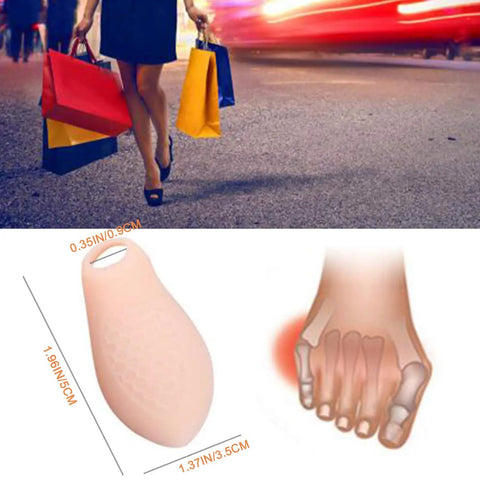 Illustration of a Pinky Toe Protector and Bunion Corrector Gel Separator with size dimensions and foot diagram for alignment.