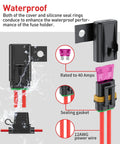 Waterproof fuse holder design from 12V 5 In 1 Ignition Panel With Engine Push Button Start Toggle Switches Relay Wiring Harness And LED For RV Truck Race Car Boat Marine And Trailer Ultimate Push To Start Kit, showing 40 Amp rating and sealing gasket.