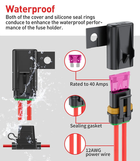 Waterproof fuse holder design from 12V 5 In 1 Ignition Panel With Engine Push Button Start Toggle Switches Relay Wiring Harness And LED For RV Truck Race Car Boat Marine And Trailer Ultimate Push To Start Kit, showing 40 Amp rating and sealing gasket.