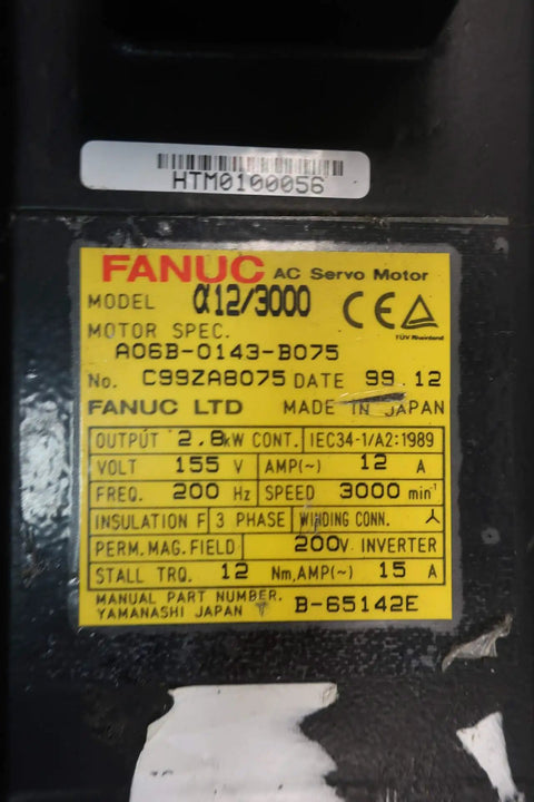 3 Phase Servo Motor 2.8 kW 3000 RPM 155V AC Heavy Duty Pro Grade for CNC and Industrial Robotic Systems Shaft Diameter 1.375 in Model A06B-0143-B075 High Torque Servo nameplate