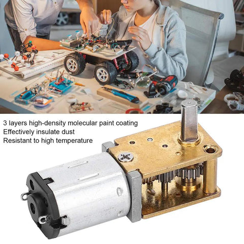 Beefy Torque 35RPM 6V DC Gear Motor With Worm Geared Reduction 1218GEN20 For Robotics Projects shown on a workshop desk