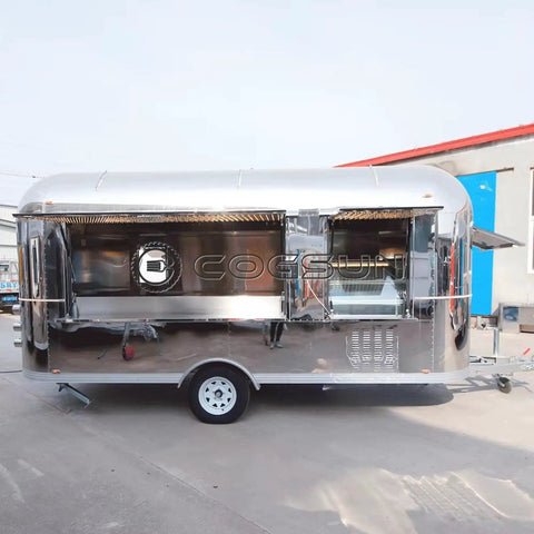 Fully Equipped Compact Concession Food Trailer Mobile Kitchen For Street Vending Hot Dog Coffee Cart with open windows and steel body.