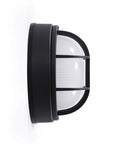 Side view of Beefy 900 Lumens 75W Light Outdoor 8 Inch Round LED Nautical Bulkhead Light Flush Mount, black cast aluminum, frosted lens.