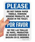 Please Do Not Flush Paper Towels Or Trash In The Toilet Bilingual Sign 7x10 plastic HDPE sign held in hand