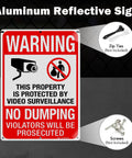 Heavy Duty No Dumping And Video Surveillance Warning Signs 2 Pack 14 X 10 Inch Reflective Aluminum Plate showing warning details and camera icon.