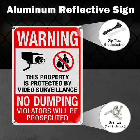 Heavy Duty No Dumping And Video Surveillance Warning Signs 2 Pack 14 X 10 Inch Reflective Aluminum Plate showing warning details and camera icon.