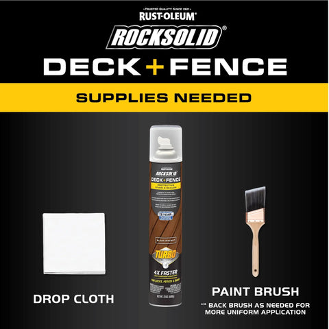 Supplies needed for Hardcore Deck And Fence Stain With Gnarly UV Protection Black Walnut Oil Base, including drop cloth and paint brush.