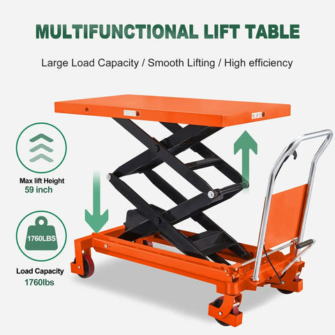 Beefy Heavy Duty Double Scissor Lift Table Cart With 59 Inch Lift Height Hydraulic Foot Pump 1760 Lb Capacity 48x24 Inch Platform