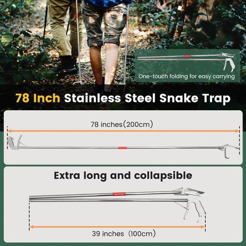 78 Inch Folding Snake Grabber Tool For Extra Long, Safe Handling, Stainless Steel Tongs With High Load Capacity, Corrosion Resistant, Easy To Clean And Maintain, Ideal For Reptile Control And Outdoor Wildlife Work
