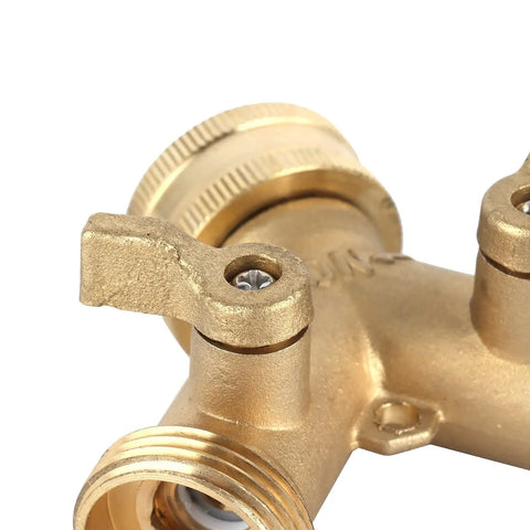 Solid Brass Y Shape Garden Hose Splitter With Leakproof Shut Off Valve For Effortless 2 Way Water Control And Easy Repair Kit Installation On Any Standard Hose, close-up
