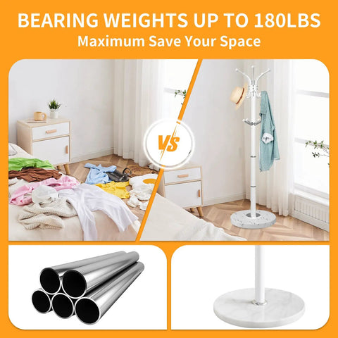 Sleek Freestanding Coat Rack With 360 Degree Swivel Hooks And Marble Base, 14 Hooks, in entryway with clothes and marble base detail.