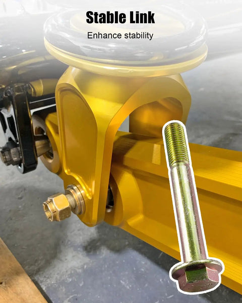 Jeep Ram 1500 Dakota Wagoneer Front Lower Shock Strut Clevis Bolts For Suspension Stability, Heavy Duty Fasteners That Stop Noise, Vibration, And Loose Steering, Restores Smooth Ride And Precise Handling. Gold steel bolt installed on suspension clevis.
