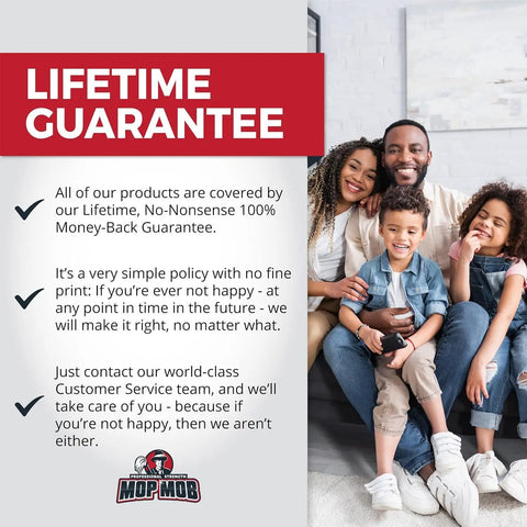 Family smiling together with a backdrop of a lifetime guarantee message, showcasing trust and satisfaction.