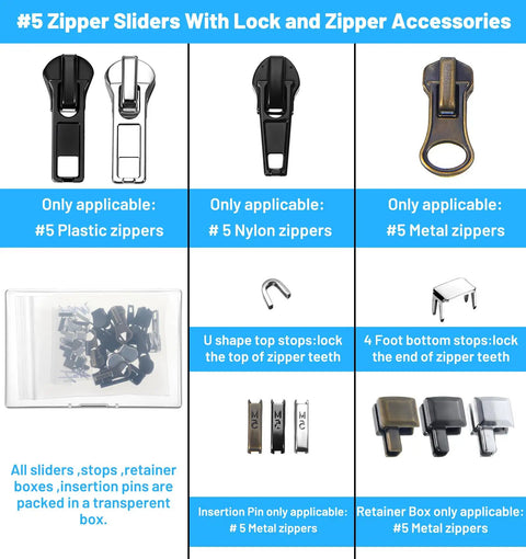 39 Piece Zipper Replacement Kit With Sliders And Pulls Retainer Boxes And Insertion Pins Multi Color Teeth Repair Set For Coats And Bags Including Zipper Head For Easy Fixes with nylon, metal, and plastic sliders and accessories