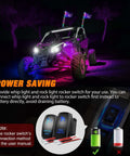 ATV with lit 3ft RGB LED whip light and rock lights, showcasing Bluetooth app and remote control DIY chasing patterns in action.