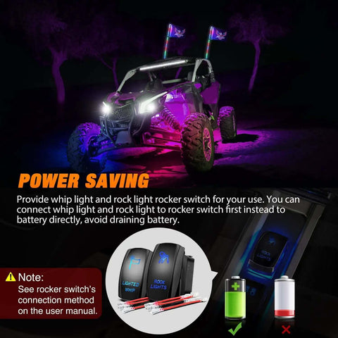 ATV with lit 3ft RGB LED whip light and rock lights, showcasing Bluetooth app and remote control DIY chasing patterns in action.
