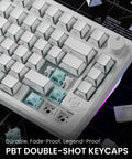 Close-up of Heavy Hitter 75 Percent Wireless Mechanical Keyboard With A Dope Gasket Mount And Sleek Pure White Shell, featuring PBT double-shot keycaps.