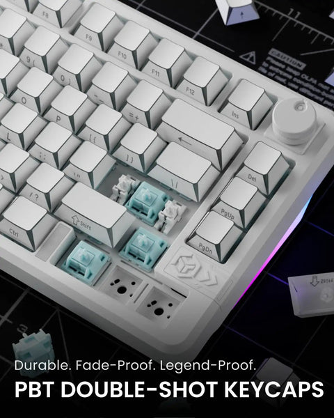 Close-up of Heavy Hitter 75 Percent Wireless Mechanical Keyboard With A Dope Gasket Mount And Sleek Pure White Shell, featuring PBT double-shot keycaps.