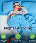 Premium Heavy Duty Disposable Pads 23X36 Inch 100 Count Bulk Pack super absorbent underpads used while sleeping on a blue bed.