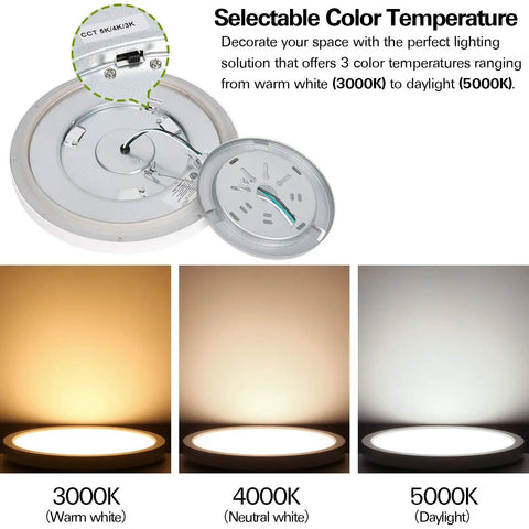 Hella Bright 13 Inch LED Flush Mount Ceiling Light With Night Light Low Profile Round Flat Panel 2400 Lumens Dimmable 24W Selectable Color Temperature 3000K 4000K 5000K Ideal For Dining Room Bedroom Kitchen Hallway showing color temperatures 3000K, 4000K, and 5000K