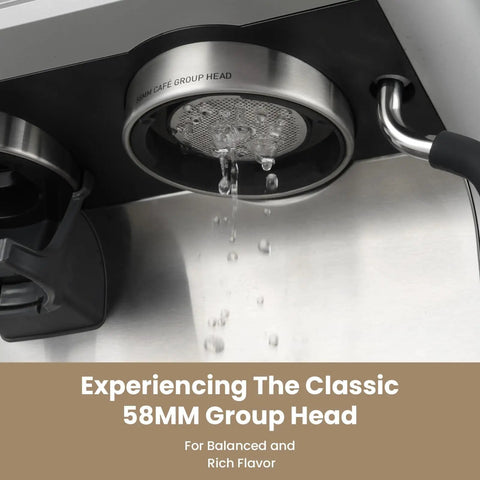 Dual Boiler Espresso Machine with 58mm Commercial Portafilter and Powerful Steam Wand, Stainless Steel Finish Close-up