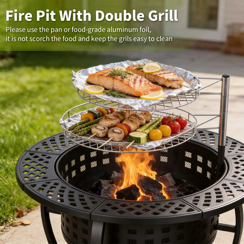 36 Inch Fire Pit Table With 2 Adjustable Grills Wood Burning Outdoor Fire Pit With Lid And Poker 3 In 1 BBQ Grill