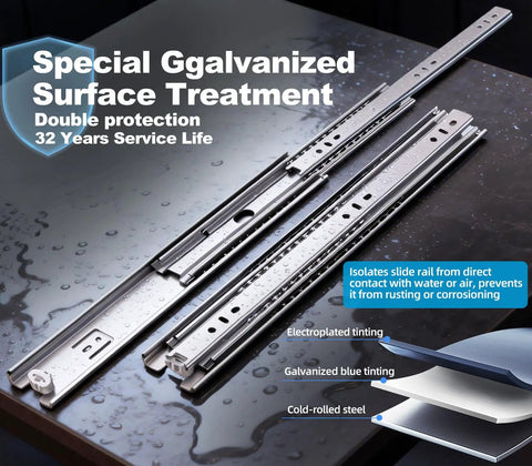 Two Piece Set 22 Inch Full Extension Ball Bearing Drawer Slides Shrug Off Two Hundred Pounds heavy-duty galvanized steel rails treated for corrosion resistance.