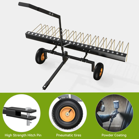 60 Inch Tow Behind Dethatcher For Lawn And ATV, Heavy Duty Lawn Rake With 24 Spring Steel Tines, Lift Handle, Clears Thatch