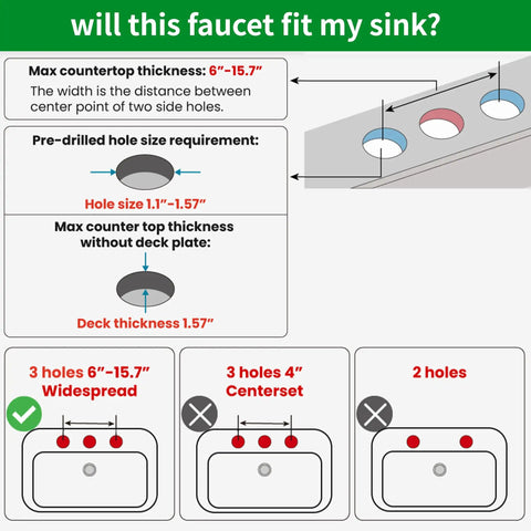 Installation guide for Super Stylish Two Handle Widespread Bathroom Sink Faucet In Warm Antique Brass Finish Including Matching Metal Pop Up Drain With Overflow For Your Vanity Basin Perfect Solid Brass Build Adjustable 8 To 16 Inch Centers showing hole sizes and configurations.