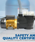 No Nonsense 0.75 HP High Flow Pond and Pool Pump with Strainer Basket, showing side view and connections for DIY install.
