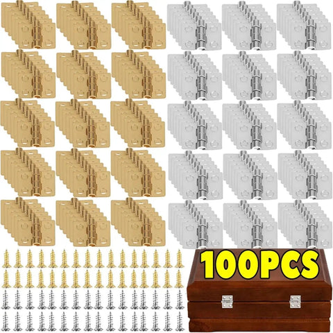 No Hassle Mini Jewelry Box Hinges Sweet Bronze Gold Cabinet Hardware For Wood Works and Gift Cases shown with 100pcs hinges and screws.