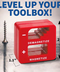 Red 2-inch demagnetizer and magnetizer showing size with screw for small tools and precision work