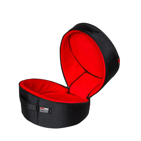 Top Tier 14 X 8 Inch Snare Drum Gig Bag With Hella Durable 1000D Nylon Armor showcasing red interior and black exterior.