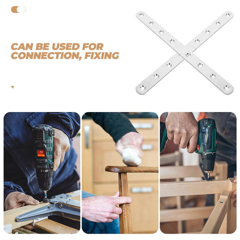 Straight Flat Brackets Set Of Four Stainless Steel Joining Plates for DIY Home Decor and Furniture assembly in use.