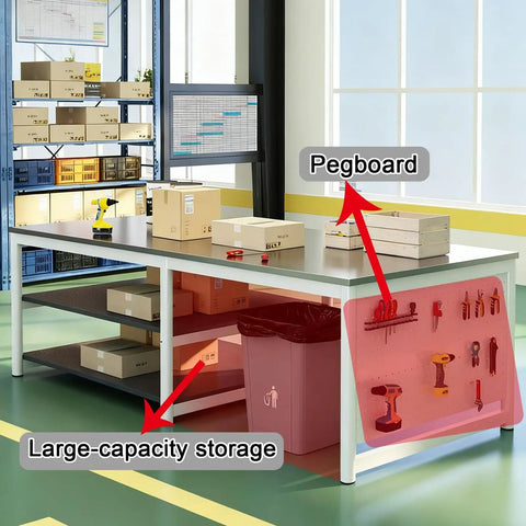 Heavy Duty Stainless Steel 3 Tier Work Bench With Perforated Side Panel And Wide Top For Rock Solid Packing Station Storage showing pegboard and large-capacity storage.