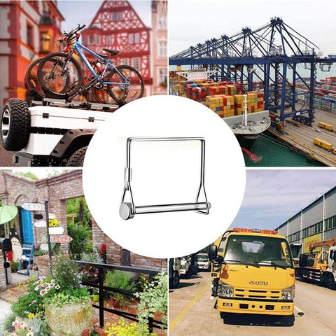 Collage of applications with center focus on 10 Pieces One Quarter Inch Wire Lock Pins Four Inch Long Stainless Steel 316 Beefy Heavy Duty Trailer Hitch Locking Pins For Farm Trailers Tractors Wagons Lawn And Garden Use