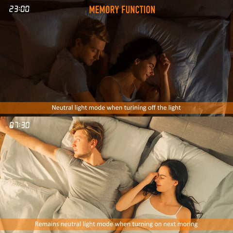 Couple in bed with dimmable LED ceiling light demonstrating memory function and neutral light mode at night and morning