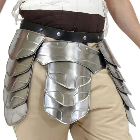 Close-up of Medieval Knight Tasset Battle Armor Set With Plated Steel Fauld Belt, showing 14 steel segments and leather waist guard.