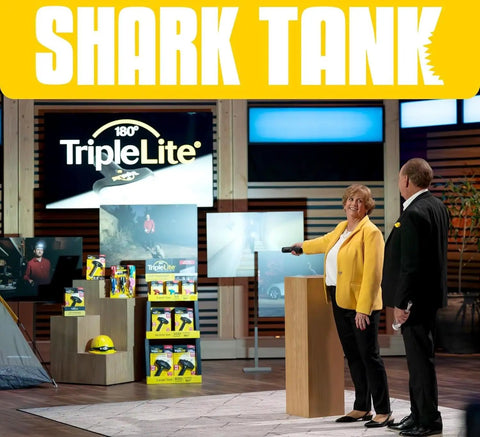 Presentation of Dope Rechargeable LED Flashlight With 180 Degree Wide Beam on Shark Tank stage with product displays
